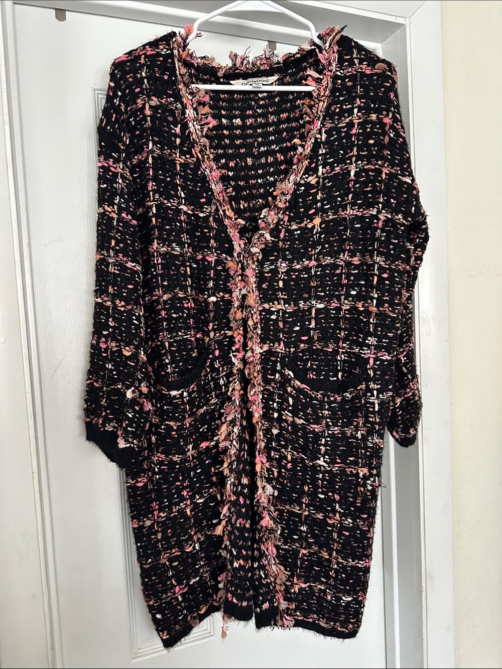 Black Tweed Open-Front Women's Cardigan Sweater with Pink Accent size S/M